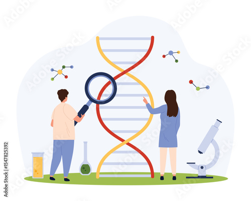 Gene research, DNA and genetic test in laboratory vector illustration. Cartoon tiny people with magnifying glass study nucleic acids and structure of DNA molecule, scientists with microscope, loupe