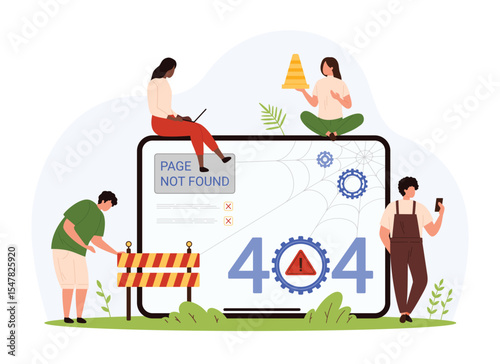 404 error, Page not Found. Tiny people put barrier in front of tablet with cobweb on screen and disconnect, creative warning message of network troubles and lost page cartoon vector illustration