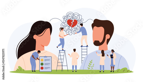 Family therapy with psychologist, psychology and psychotherapy session vector illustration. Cartoon tiny people unravel tangle of thread, conflict and chaos in relationship between big man and woman