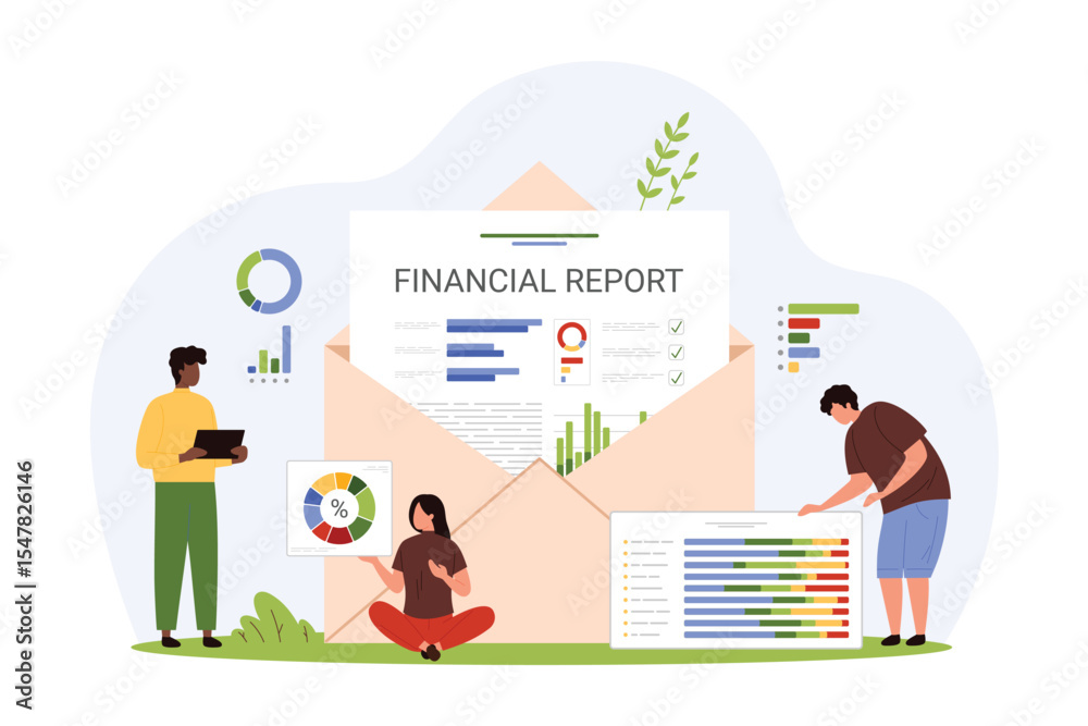 Naklejka premium Financial reports analysis, accounting and audit consulting. Tiny people research digital graphs and statement from open envelope, advisors control and plan company budget cartoon vector illustration