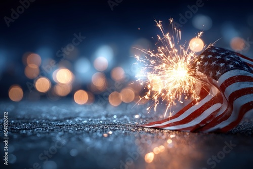 US flag with sparkler on glittery surface against bokeh backdrop
