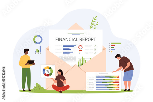 Financial reports analysis, accounting and audit consulting. Tiny people research digital graphs and statement from open envelope, advisors control and plan company budget cartoon vector illustration