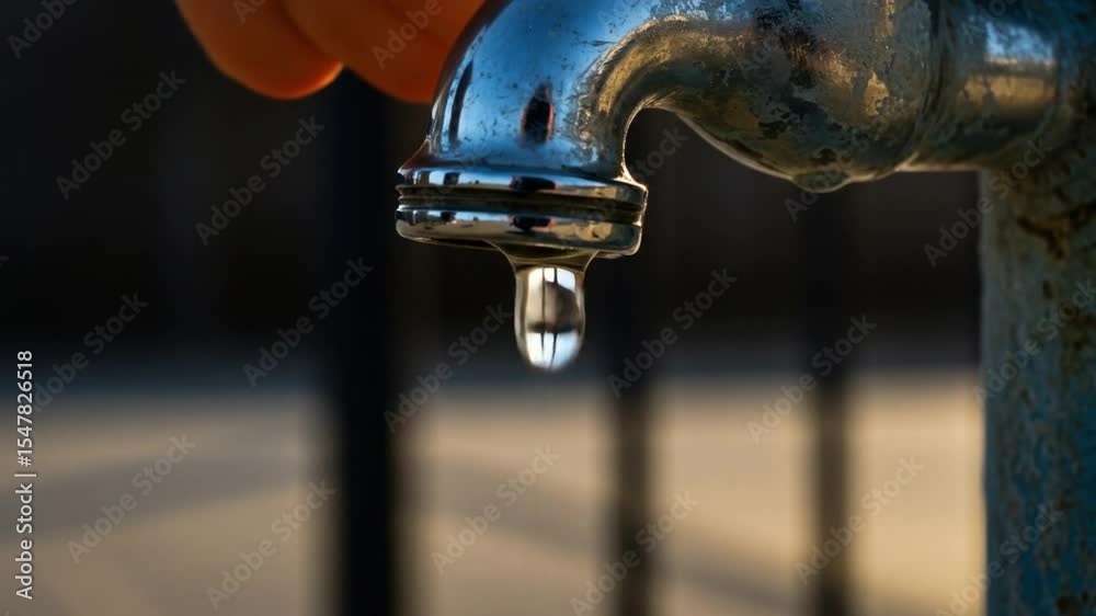 Stop the Drip: Hand Closing Leaky Metal Faucet with Hanging Water Droplet “Drip by drip, the future fades — stop the leak.” Stop the Drip: Hand Closing Leaky Metal Faucet with Hanging Water Droplet “Drip by drip, the future fades — stop the leak.”