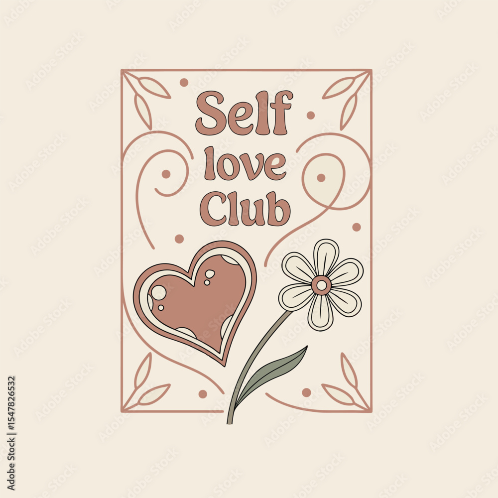 Obraz premium Self love club design with heart and flower on a beige background