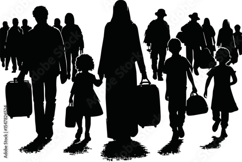 Silhouette of war refugees walking with luggage and children vector style on white background