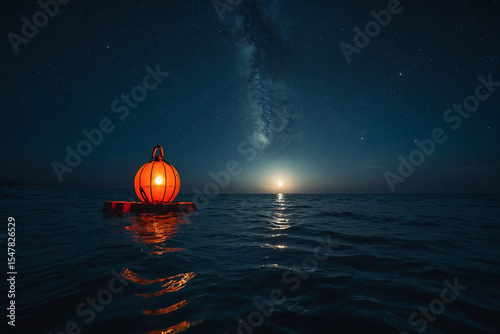 Glowing Moon Over Dark Ocean Beneath a Starlit Night Sky