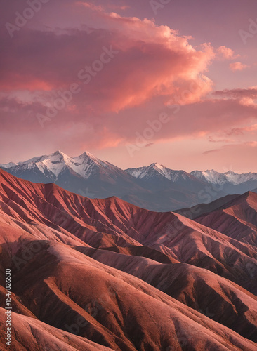 Stylized Pink and Brown Mountain Silhouettes Under Sunset Glow