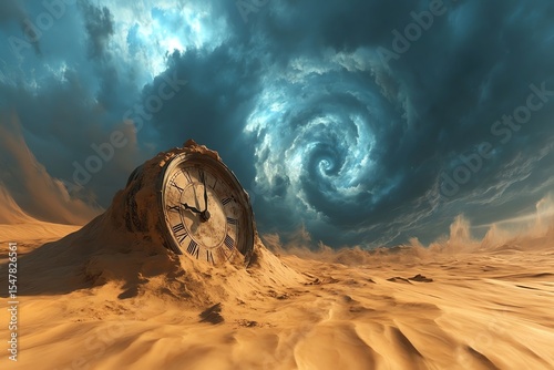Surreal Desert Clock Under Swirling Sky