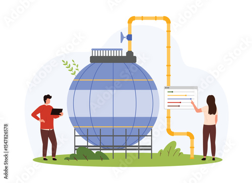 Industrial boiler for water heat, natural gas storage tank inspection in factory. Tiny people control equipment settings, check safety of pipes and valve for leaks cartoon vector illustration