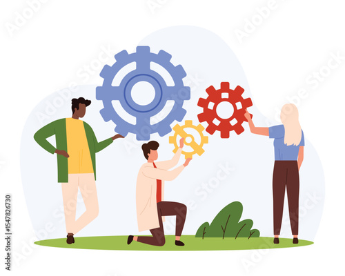 Business organization, collaboration of employees for effective work vector illustration. Cartoon tiny people moving factory gears together, success complex engineering and cooperation for challenge