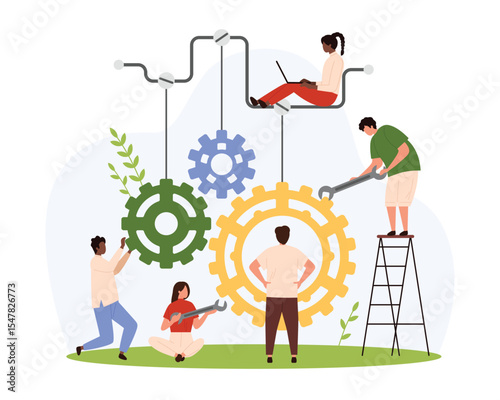 Repair, update and automation, development of data systems vector illustration. Cartoon tiny people with wrench tools fix broken machine mechanism, employees of maintenance service change cogwheel