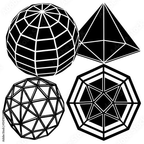 Collection of geometric polyhedra shapes isolated on white background