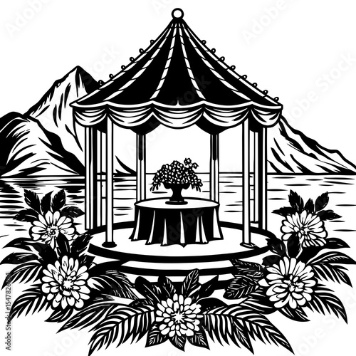 Gazebo with flowers and mountain landscape isolated on white background