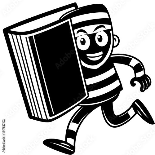 Cartoon thief running with a stolen book under his arm