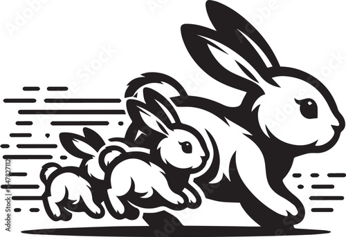 A leaping rabbit leads its young family in a dynamic black and white illustration showcasing speed and family unity.