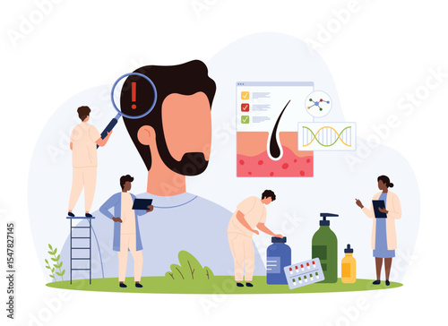 Research into causes of hair loss, restoration and treatment, drug therapy. Tiny people look through magnifying glass scalp damage, study infographic charts of hair growth cartoon vector illustration