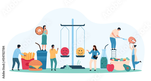 Comparison between unhealthy fastfood diet and healthy food. Tiny people weigh happy and angry emoji on scales, compare bad and good choice of nutrition for person cartoon vector illustration