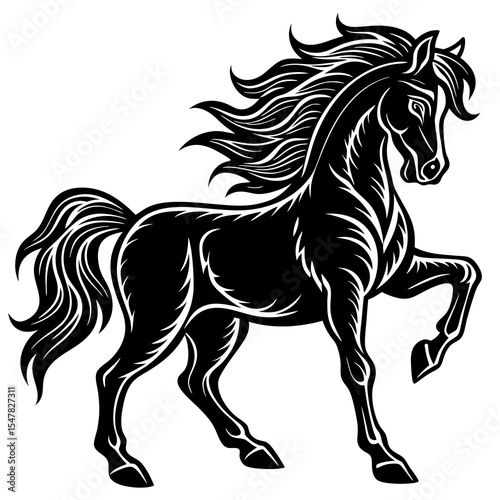 Black horse prancing isolated on white background