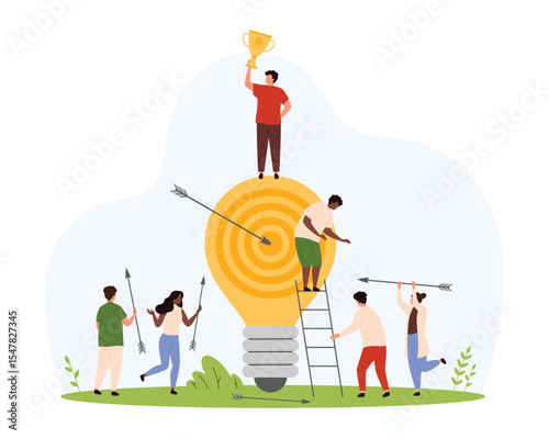 Development of creative thinking and imagination, vision of success goals and innovation solutions. Tiny people develop smart digital project, hit target with arrows cartoon vector illustration