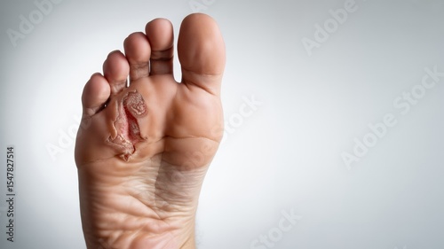 Close-up of human foot with fungal infection showing red and peeling skin, isolated on white background. Medical condition, dermatology, podiatry and healthcare concept.