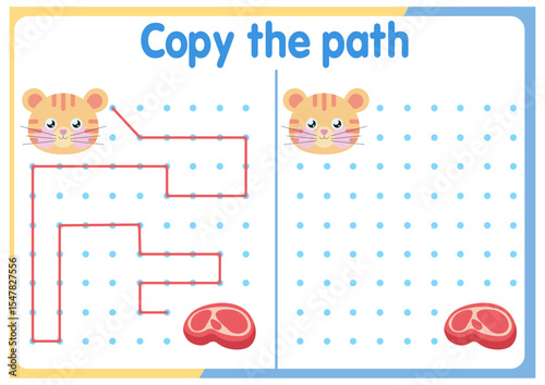Activities for children. Copy the path. Logical games for children. Vector illustration. Square format of the book funny animals