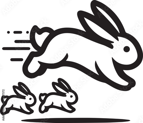 A leaping rabbit leads its young family in a dynamic black and white illustration showcasing speed and family unity.