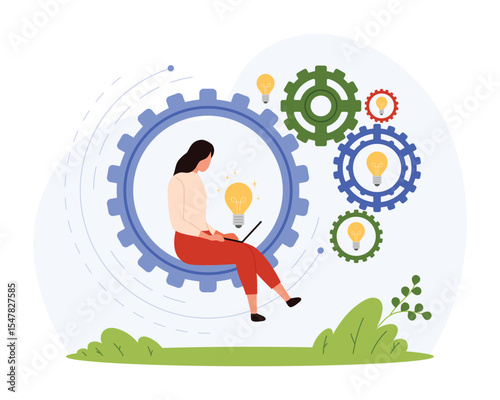 Productive employee work process, efficiency and productivity. Tiny woman sitting with laptop and bright light bulb inside gear to work on innovation idea and solution cartoon vector illustration