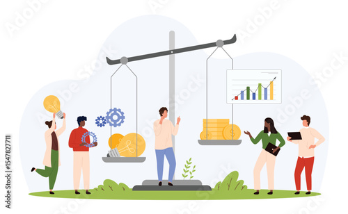 Comparison of investments and benefits from project. Tiny people weigh stack of light bulbs and money on equilibrium balance scale to measure value of creative idea cartoon vector illustration