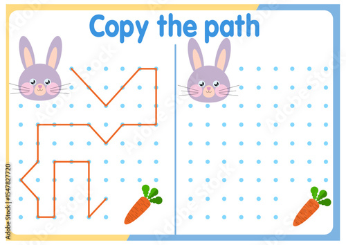 Activities for children. Copy the path. Logical games for children. Vector illustration. Square format of the book funny animals