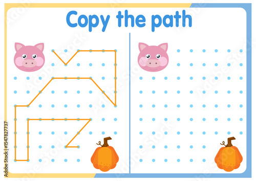 Activities for children. Copy the path. Logical games for children. Vector illustration. Square format of the book funny animals