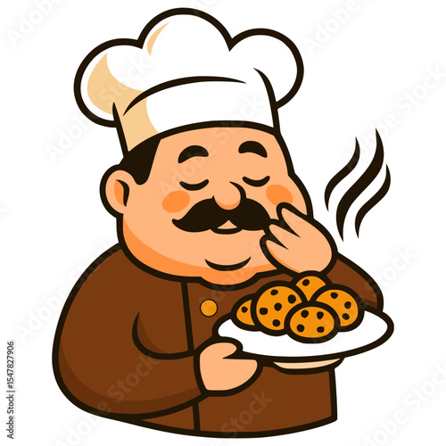 Chubby chef with moustache smelling a really fragrant cookie chips
