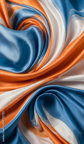 Flowing Silk Waves in Abstract Blue and Orange Swirl Pattern