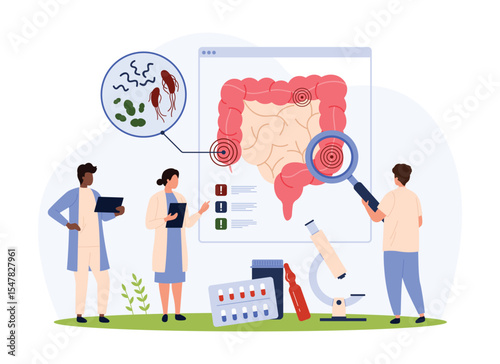 Gut health, microbiome research and diagnosis vector illustration. Cartoon tiny people check inflammation in large intestines with magnifying glass, bad flora and harmful bacteria in digestive tract