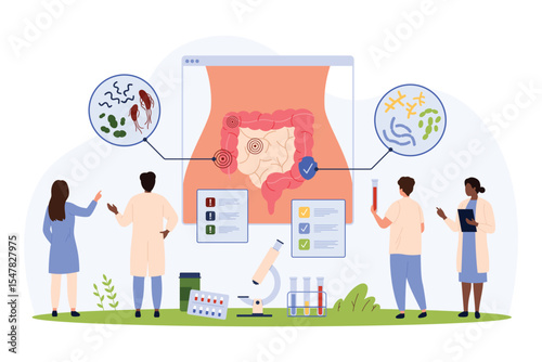 Bad and good bacteria in human intestines, infographics vector illustration. Cartoon tiny people check gastrointestinal system on anatomy chart, digestive tract with lactobacillus and campylobacter