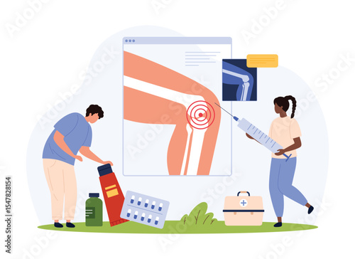 Treatment and diagnosis of cartilage inflammation in joint vector illustration. Cartoon tiny people with syringe treat osteoarthritis, rheumatoid arthritis or accident, knee before and after injection
