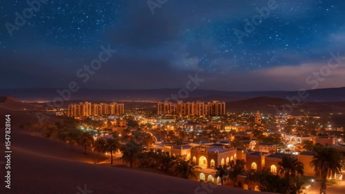 Desert City at Night Under a Starry Sky With Buildings and Palm Trees in Middle Eastern Landscape