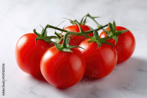 Vine of five round bright red tomatoes with green stems on a light marblepatterned surface