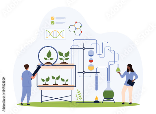 Science research in laboratory, biotechnology. Tiny people test green plant through magnifying glass, scientists grow sprout with scientific equipment in lab experiment cartoon vector illustration