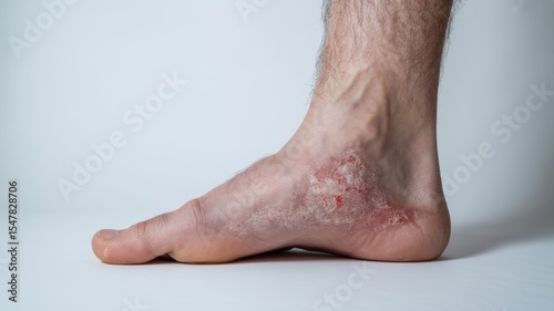 Close-up of human foot with fungal infection showing red and peeling skin, isolated on white background. Medical condition, dermatology, podiatry and healthcare concept.