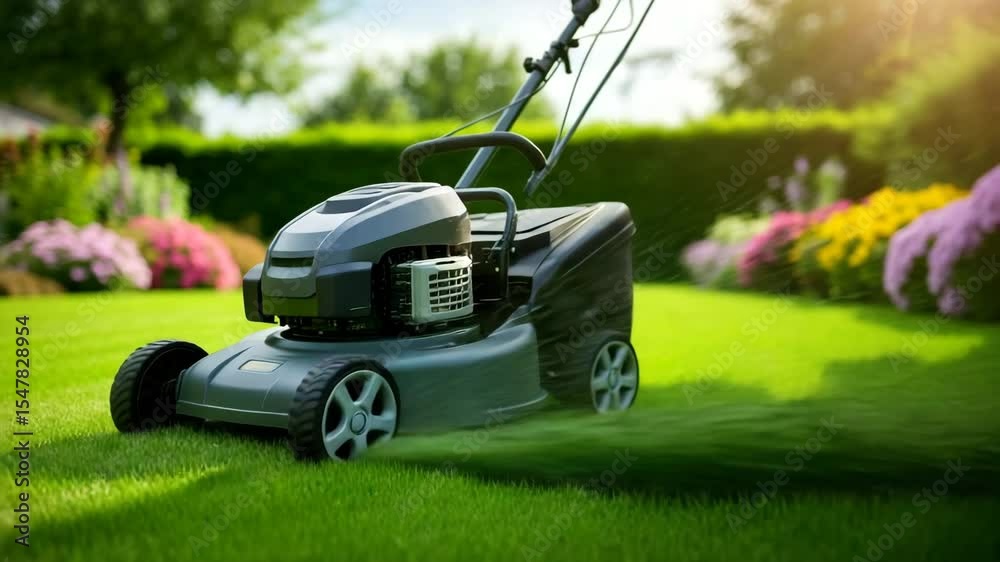 Lawn mower cutting fresh green grass in a sunny garden with flower beds