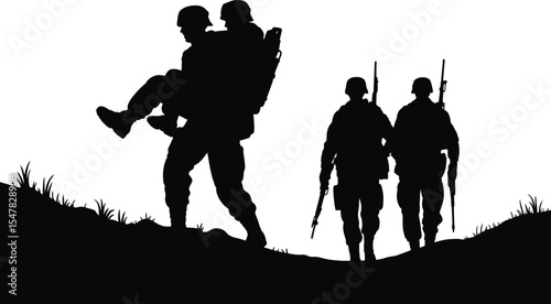 Set of soldier silhouette vector illustrations showing teamwork, rescue, and armed military action scenes
