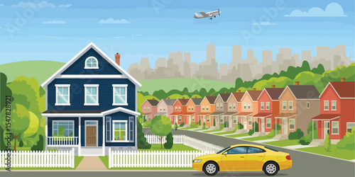 colorful suburban neighborhood with vibrant houses, yellow car on the street, airplane flying over city skyline on a bright sunny day