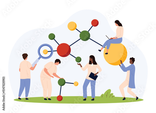 Molecular structure and genetic research vector illustration. Cartoon tiny people work on analysis of molecule digital model with atom spheres and chains, biochemistry or biotechnology construction