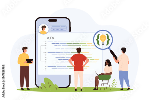 Mobile app and software development. Tiny people develop program code on phone screen, online code creation and script research by developers with magnifying glass cartoon vector illustration