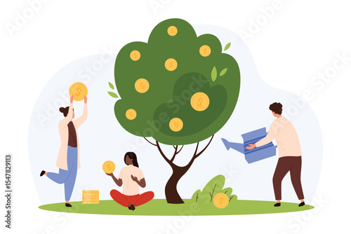 Financial investment growth, increase earning profit and capital gain vector illustration. Cartoon tiny people watering money tree, investors growing plant with gold dollar coins, success strategy
