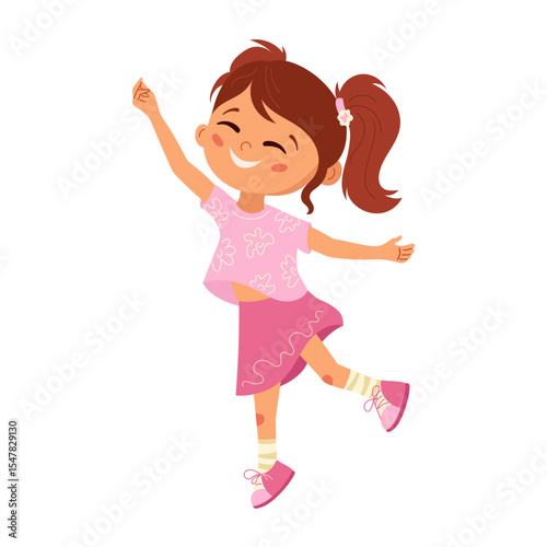 Happy girl in pink outfit jumping and dancing Cute cartoon smiling child having fun. Fun childhood character. Joyful vector illustration for kids card, banner, poster, print, design element