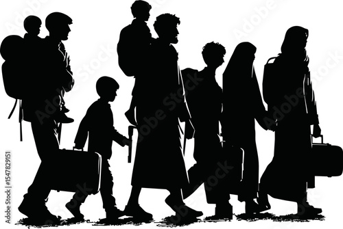 Silhouette of war refugees walking with luggage and children vector style on white background