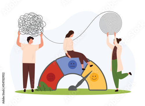 Creative motivation, mood and stress control vector illustration. Cartoon tiny people improve level of life satisfaction from bad to good on indicator, unravel chaos of tangled thread to solve problem