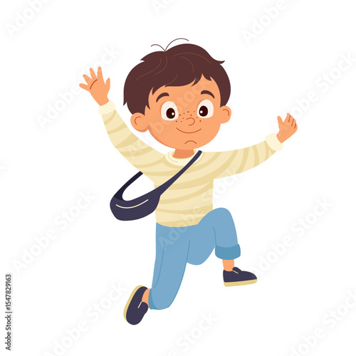 Happy cartoon boy running and smiling joyfully Cute child in casual outfit with bag having fun Childhood character design element Vector illustration for card, banner, poster, print