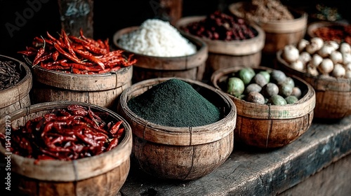 Brightly colored spices in wooden bowls create a vibrant display at a busy local market. assortment includes dried chilies, herbs, and other culinary ingredients, inviting exploration